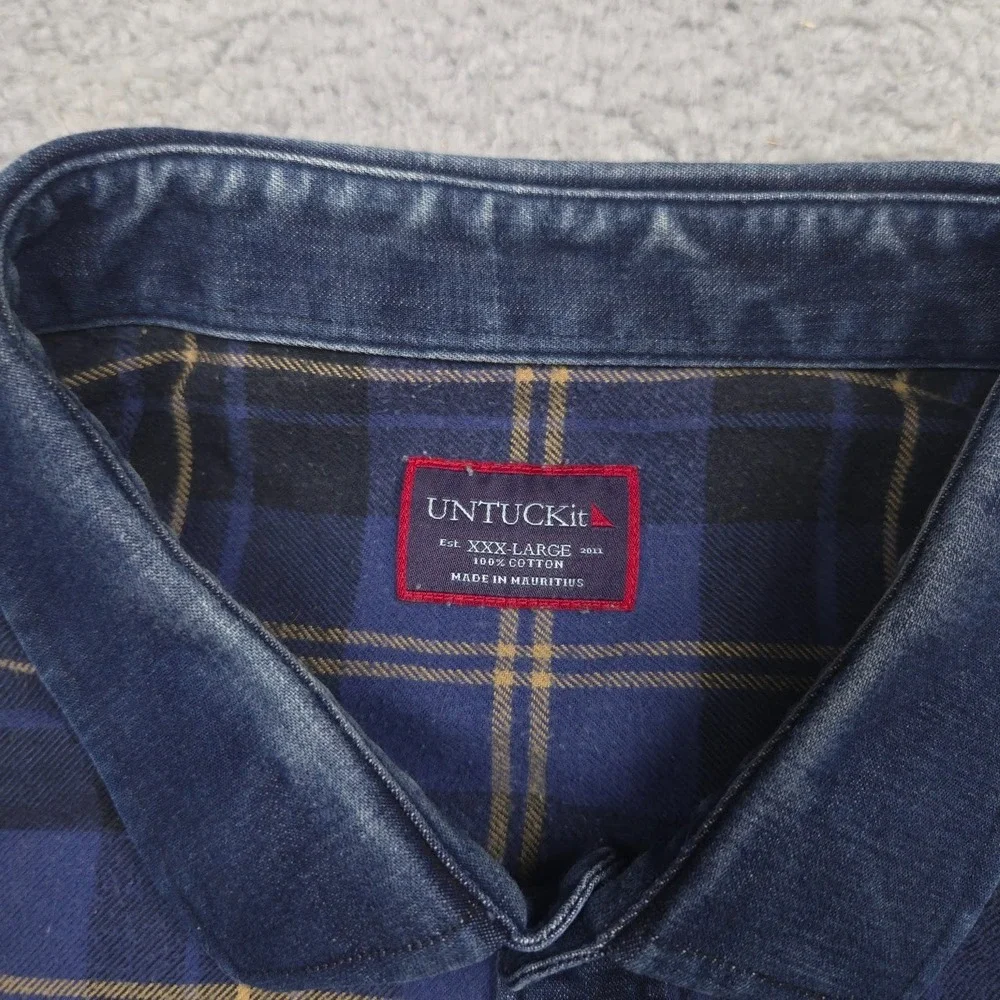 UNTUCKit Men 3XL Blue Plaid Cotton Button Up Shirt Long Sleeve Chest Pocket